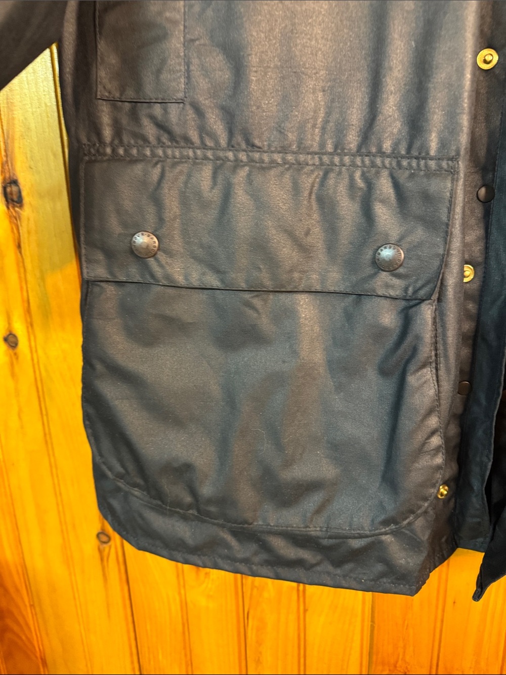 Barbour Border Wax Jacket in Navy with Corduroy Collar and Plaid Lining - Picture 13 of 16
